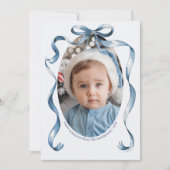 Blue Bow Ribbon Ovaal Lijst Kerstfoto Feestdagenkaart (Voorkant)