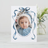 Blue Bow Ribbon Ovaal Lijst Kerstfoto Feestdagenkaart (Staand voorkant)