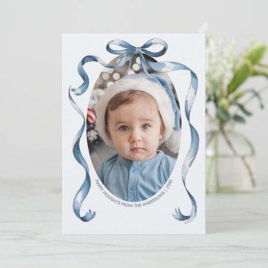 Blue Bow Ribbon Ovaal Lijst Kerstfoto Feestdagenkaart (Staand voorkant)