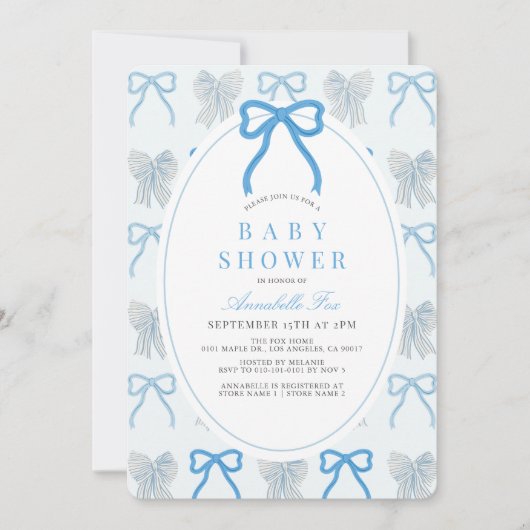 Blue Bow Ribbon Pattern Boy Baby Shower Kaart (Voorkant)