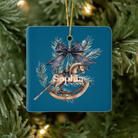 Blue Bow Rocking Horse Christmas Keramisch Ornament (Boom)