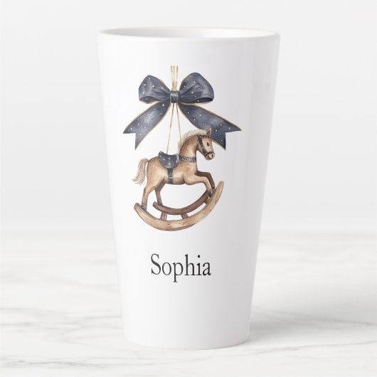 Blue Bow Rocking Horse Christmas Latte Mok (Voorkant)