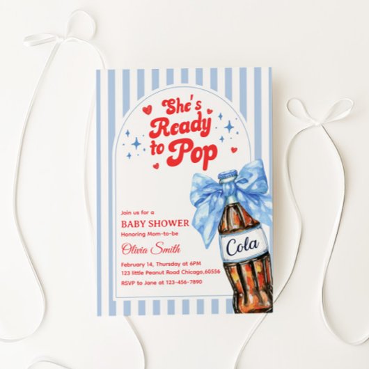 Blue Bow She's Ready to Pop Baby Shower Invitation Kaart