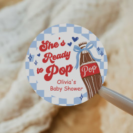 Blue Bow She's Ready to Pop Baby Shower Ronde Sticker