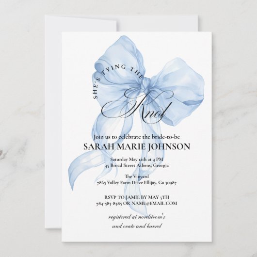 Blue Bow She's tying the knot Bridal Shower Kaart (Voorkant)