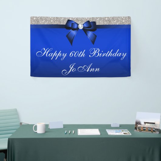 Blue Bow Silver Sequins persoonlijke verjaardag Spandoek (Beurs)