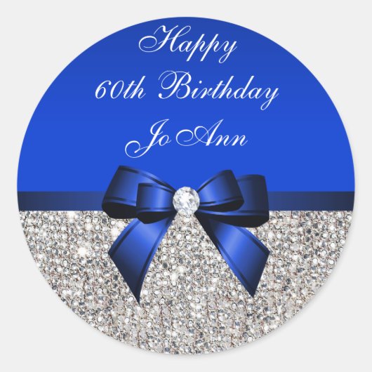 Blue Bow Silver Sequins Verjaardag Ronde Sticker (Voorkant)