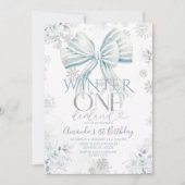 Blue Bow Silver Snow Winter Onederland Birthday Kaart (Voorkant)