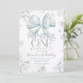Blue Bow Silver Snow Winter Onederland Birthday Kaart (Staand voorkant)