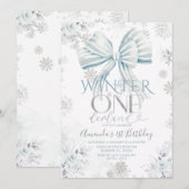 Blue Bow Silver Snow Winter Onederland Birthday Kaart (Voorkant / Achterkant)
