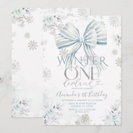 Blue Bow Silver Snow Winter Onederland Birthday Kaart (Voorkant / Achterkant)