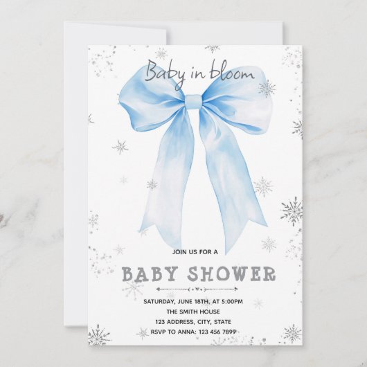 Blue Bow snowflake invitation Kaart (Voorkant)