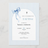 Blue Bow Striped Baptism Invitation for Boys Kaart (Voorkant)