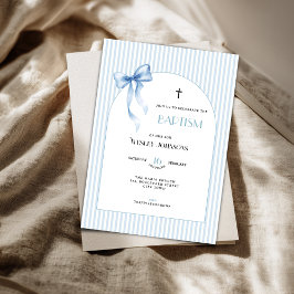 Blue Bow Striped Baptism Invitation for Boys Kaart