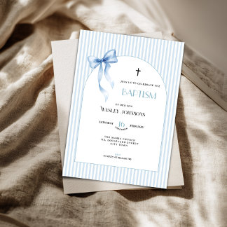 Blue Bow Striped Baptism Invitation for Boys Kaart