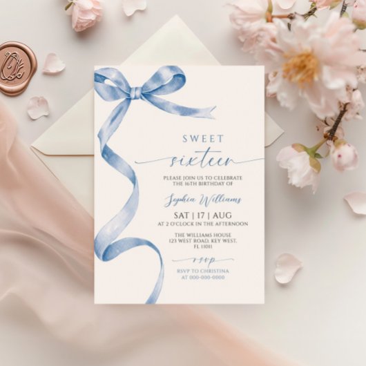 Blue Bow Sweet 16 verjaardagsuitnodiging Kaart