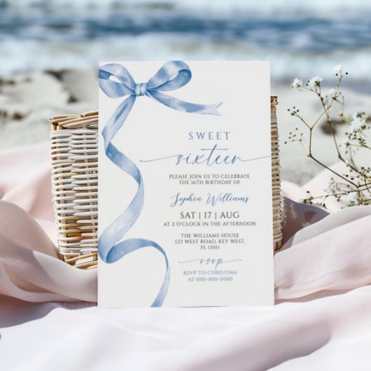 Blue Bow Sweet 16 verjaardagsuitnodiging Kaart