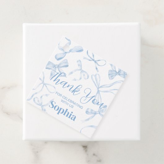 Blue Bow Sweet 16th Birthday Party Square Bedankjes Labels (In situ)