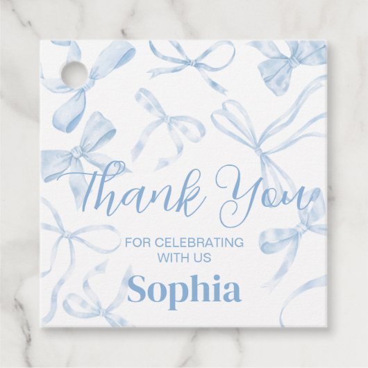 Blue Bow Sweet 16th Birthday Party Square Bedankjes Labels (Voorkant)