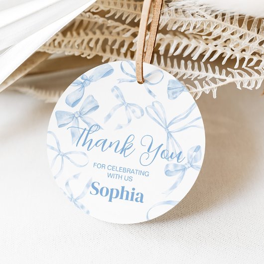 Blue Bow Sweet 16th Verjaardag Party Round Bedankjes Labels