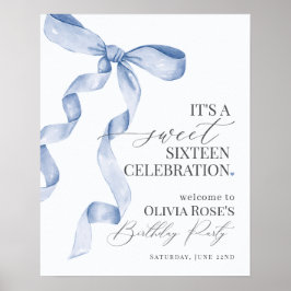 Blue Bow Sweet Sixteen Birthday Party Welkomstbord Poster