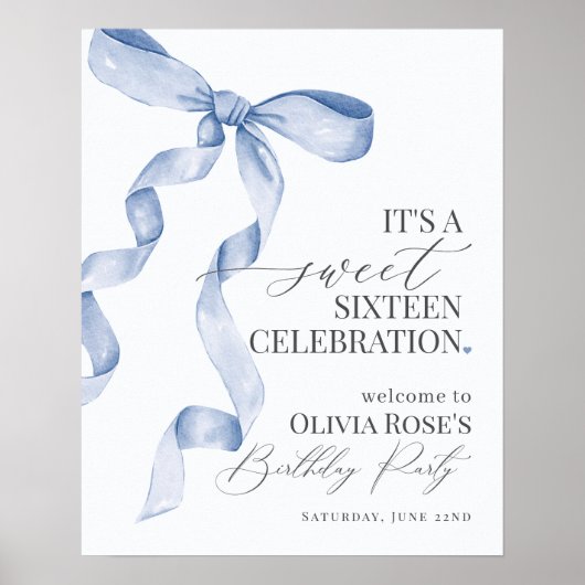 Blue Bow Sweet Sixteen Birthday Party Welkomstbord Poster (Voorkant)