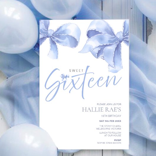 Blue Bow Sweet Sixteen Invitation, 16e verjaardag Kaart