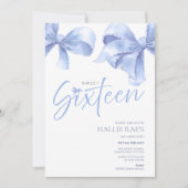 Blue Bow Sweet Sixteen Invitation, 16e verjaardag Kaart (Voorkant)