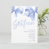Blue Bow Sweet Sixteen Invitation, 16e verjaardag Kaart (Staand voorkant)