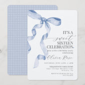 Blue Bow Sweet Sixteen verjaardagsfeestje uitnodig (Voorkant / Achterkant)