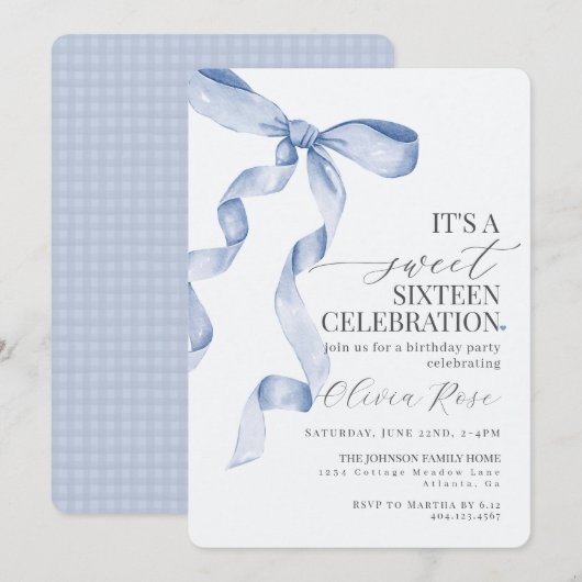 Blue Bow Sweet Sixteen verjaardagsfeestje uitnodig (Voorkant / Achterkant)