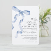 Blue Bow Sweet Sixteen verjaardagsfeestje uitnodig (Staand voorkant)