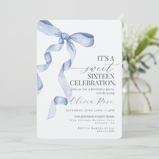 Blue Bow Sweet Sixteen verjaardagsfeestje uitnodig (Staand voorkant)