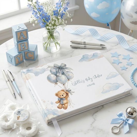 Blue Bow Teddy Bear Balloons Clouds Baby Boy Gastenboek