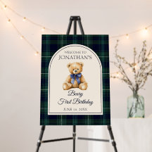 Blue Bow Teddy Bear Birthday Welcome Sign