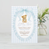 Blue Bow Teddy Bear Boy Baby shower Kaart (Staand voorkant)