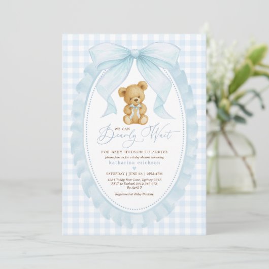 Blue Bow Teddy Bear Boy Baby shower Kaart (Staand voorkant)