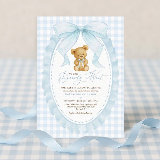 Blue Bow Teddy Bear Boy Baby shower Kaart