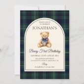 Blue Bow Teddy Bear Tartan Birthday Kaart (Voorkant)