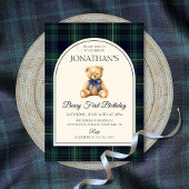 Blue Bow Teddy Bear Tartan Birthday Kaart