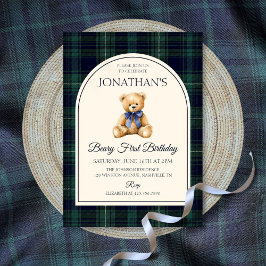 Blue Bow Teddy Bear Tartan Birthday Kaart