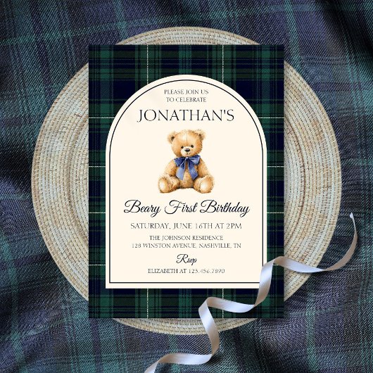 Blue Bow Teddy Bear Tartan Birthday Kaart