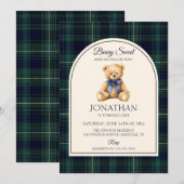 Blue Bow Teddy Bear Tartan Birthday Kaart (Voorkant / Achterkant)