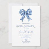 Blue Bow Toile Baby shower Boy Invitation Kaart (Voorkant)