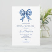 Blue Bow Toile Baby shower Boy Invitation Kaart (Staand voorkant)
