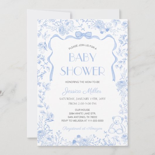 Blue Bow Toile De Jouy Boy Baby Shower Kaart (Voorkant)