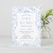 Blue Bow Toile De Jouy Boy Baby Shower Kaart (Staand voorkant)
