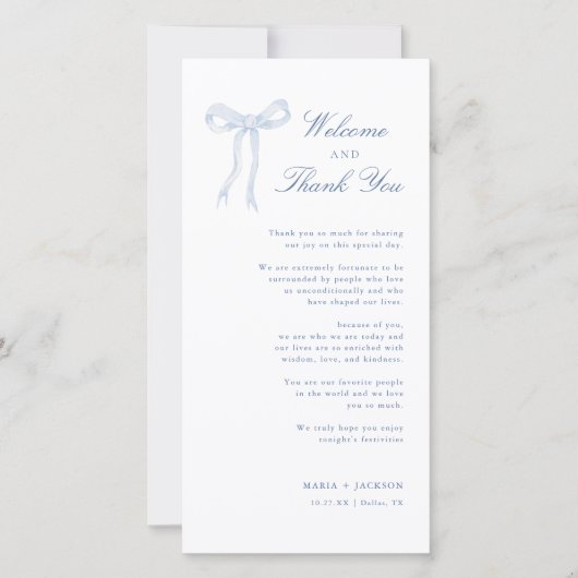 Blue Bow Toile Welkom en dank u plaats kaart (Voorkant)