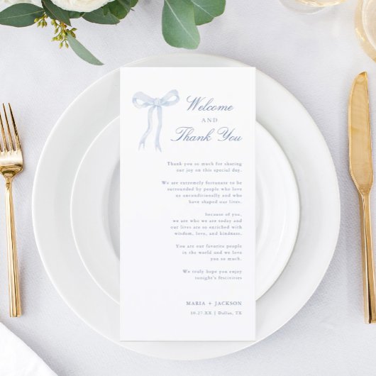 Blue Bow Toile Welkom en dank u plaats kaart