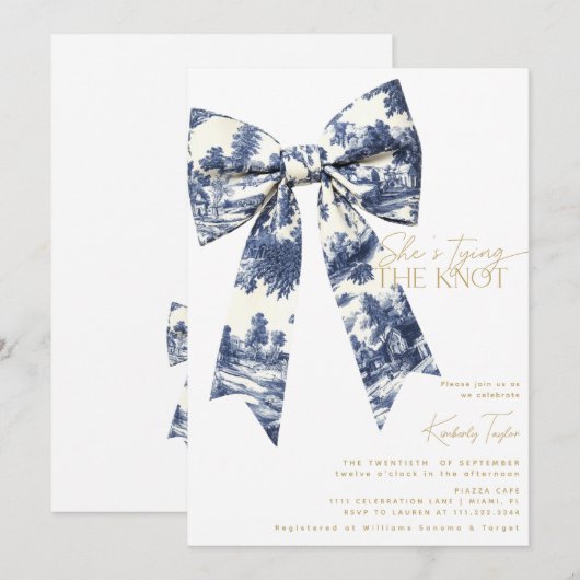 Blue Bow Toile Ze bindt de knoop Vrijgezellenfeest Kaart (Voorkant / Achterkant)